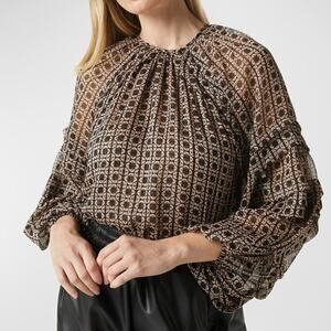 Misa Victoire Top Geo Pleated Ruffle Puff-Sleeve Blouse Lattice Tile NWT XS